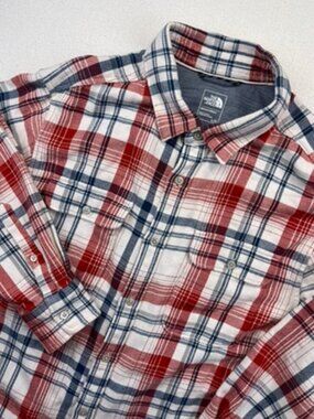 The North Face Men’s L Plaid Button Up Shirt Red Navy White Cotton Long Sleeve